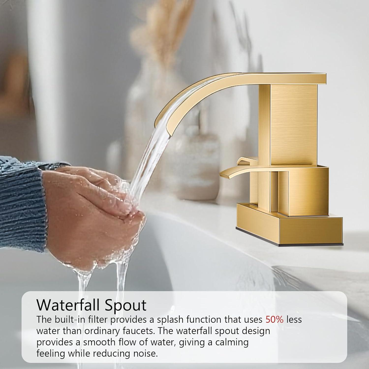 imagegotonovo Waterfall 4 Inch Centerset Bathroom Sink Faucet 2 Handle Basin Faucets 2 or 3 Hole Deck Mount with Pop Up Drain Included Lavatory Modern Mixer Tap Vanity Faucet Brushed GoldBrushed Gold