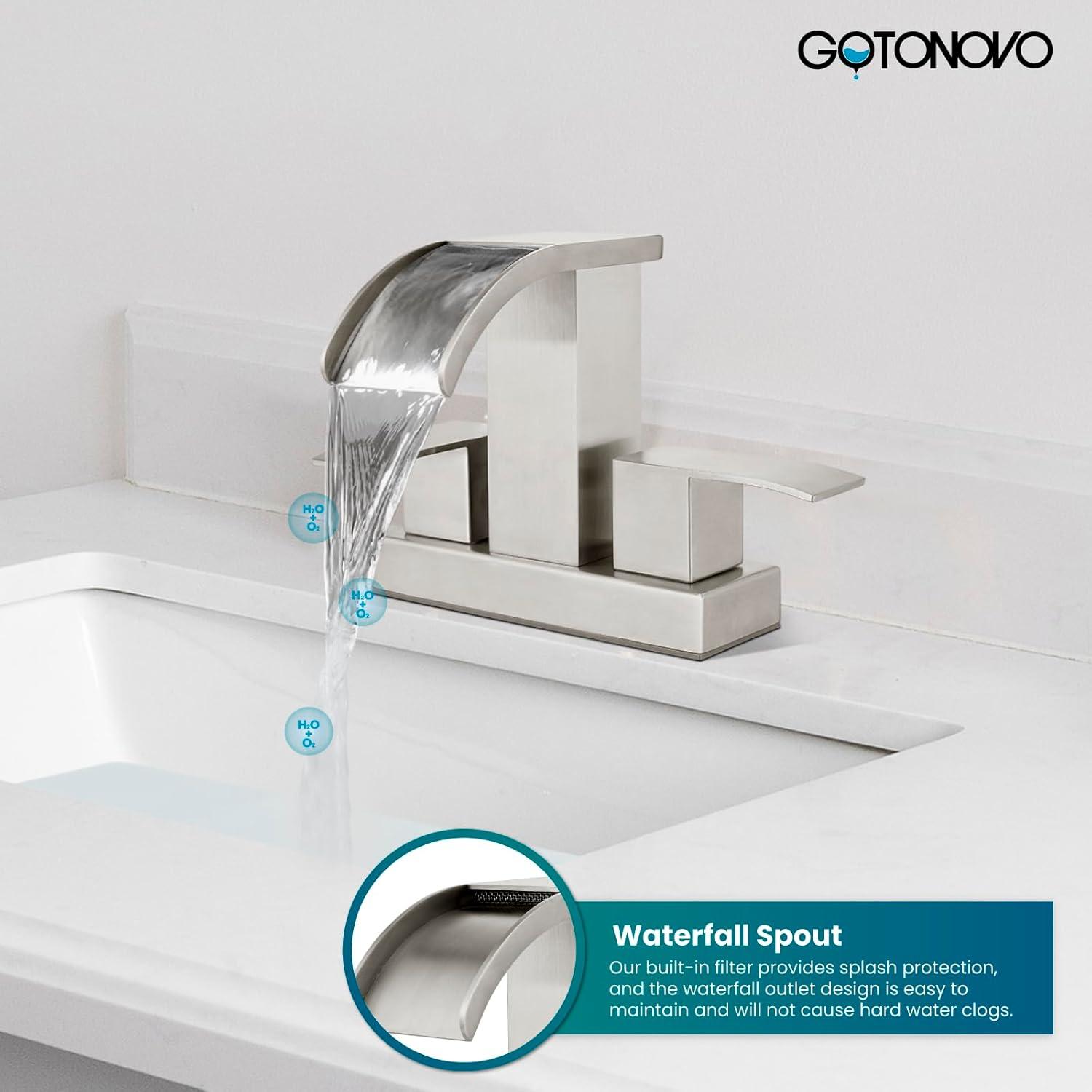 imagegotonovo Waterfall 4 Inch Centerset Bathroom Sink Faucet 2 Handle Basin Faucets 2 or 3 Hole Deck Mount with Pop Up Drain Included Lavatory Modern Mixer Tap Vanity Faucet Brushed GoldBrushed Nickel