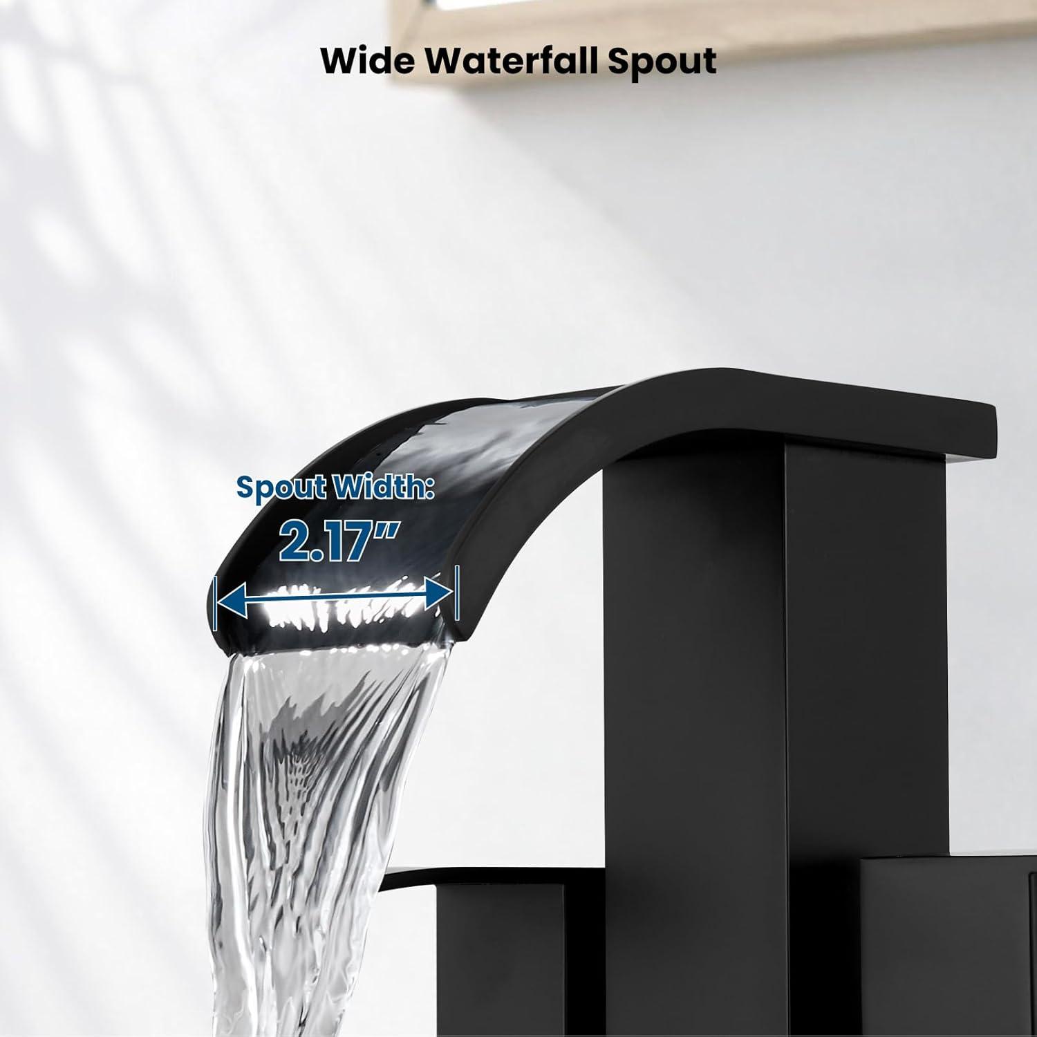 imagegotonovo Waterfall 4 Inch Centerset Bathroom Sink Faucet 2 Handle Basin Faucets 2 or 3 Hole Deck Mount with Pop Up Drain Included Lavatory Modern Mixer Tap Vanity Faucet Brushed GoldMatte Black