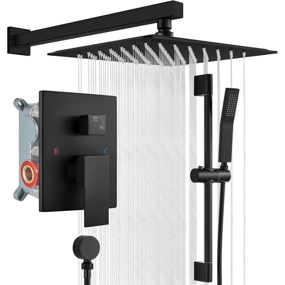 imagegotonovo Bathroom Shower Faucet Set with Slide Bar 12 inch Rainfall Shower Head with Handheld Spray Combo Shower Trim Kit Shower System Roughin Valve Included Wall Mounted Matte BlackMatte Black