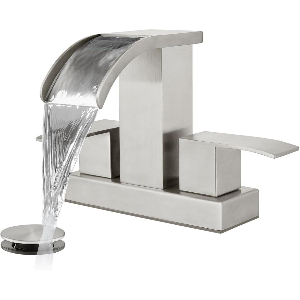 imagegotonovo Waterfall 4 Inch Centerset Bathroom Sink Faucet 2 Handle Basin Faucets 2 or 3 Hole Deck Mount with Pop Up Drain Included Lavatory Modern Mixer Tap Vanity Faucet Brushed GoldBrushed Nickel