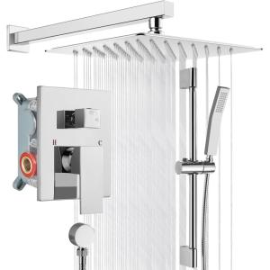 imagegotonovo Bathroom Shower Faucet Set with Slide Bar 12 inch Rainfall Shower Head with Handheld Spray Combo Shower Trim Kit Shower System Roughin Valve Included Wall Mounted Matte BlackPolished Chrome
