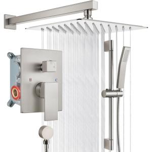 imagegotonovo Bathroom Shower Faucet Set with Slide Bar 12 inch Rainfall Shower Head with Handheld Spray Combo Shower Trim Kit Shower System Roughin Valve Included Wall Mounted Matte BlackBrushed Nickel