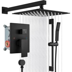 imagegotonovo Bathroom Shower Faucet Set with Slide Bar 12 inch Rainfall Shower Head with Handheld Spray Combo Shower Trim Kit Shower System Roughin Valve Included Wall Mounted Matte BlackMatte Black