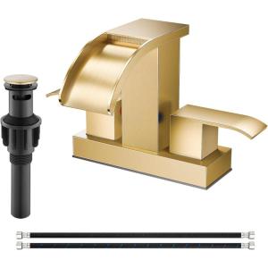 imagegotonovo Waterfall 4 Inch Centerset Bathroom Sink Faucet 2 Handle Basin Faucets 2 or 3 Hole Deck Mount with Pop Up Drain Included Lavatory Modern Mixer Tap Vanity Faucet Brushed GoldBrushed Gold