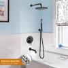 imagegotonovo Shower System with Tub Spout Wall Mount 3 Function Roughin Valve Bathtub Shower Faucets Set Complete Rain 10 Inch Round Showerhead Trim Kit Combo Cylindrical Handheld Matte BlackMatte Black