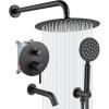 imagegotonovo Shower System with Tub Spout Wall Mount 3 Function Roughin Valve Bathtub Shower Faucets Set Complete Rain 10 Inch Round Showerhead Trim Kit Combo Cylindrical Handheld Matte BlackMatte Black