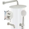 imagegotonovo Shower System with Tub Spout Wall Mount 3 Function Roughin Valve Bathtub Shower Faucets Set Complete Rain 10 Inch Round Showerhead Trim Kit Combo Cylindrical Handheld Matte BlackBrushed Nickel