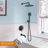imagegotonovo Shower System with Tub Spout Wall Mount 3 Function Roughin Valve Bathtub Shower Faucets Set Complete Rain 10 Inch Round Showerhead Trim Kit Combo Cylindrical Handheld Matte BlackMatte Black