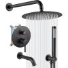 imagegotonovo Shower System with Tub Spout Wall Mount 3 Function Roughin Valve Bathtub Shower Faucets Set Complete Rain 10 Inch Round Showerhead Trim Kit Combo Cylindrical Handheld Matte BlackMatte Black