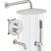 imagegotonovo Shower System with Tub Spout Wall Mount 3 Function Roughin Valve Bathtub Shower Faucets Set Complete Rain 10 Inch Round Showerhead Trim Kit Combo Cylindrical Handheld Matte BlackBrushed Nickel