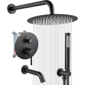 imagegotonovo Shower System with Tub Spout Wall Mount 3 Function Roughin Valve Bathtub Shower Faucets Set Complete Rain 10 Inch Round Showerhead Trim Kit Combo Cylindrical Handheld Matte BlackMatte Black