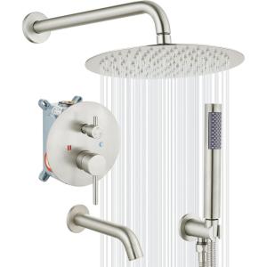 imagegotonovo Shower System with Tub Spout Wall Mount 3 Function Roughin Valve Bathtub Shower Faucets Set Complete Rain 10 Inch Round Showerhead Trim Kit Combo Cylindrical Handheld Matte BlackBrushed Nickel