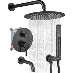 imagegotonovo Shower System with Tub Spout Wall Mount 3 Function Roughin Valve Bathtub Shower Faucets Set Complete Rain 10 Inch Round Showerhead Trim Kit Combo Cylindrical Handheld Matte BlackOil Rubbed Bronze