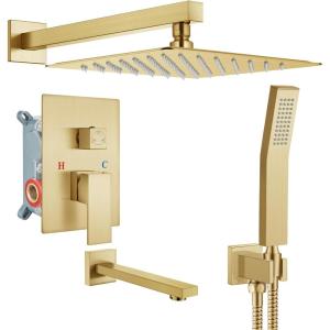 imagegotonovo Shower System with Tub Spout Wall Mounted Rain Shower Head and Handle Combo Shower Faucet Set with Valve 12 Inch Brushed NickelBrushed Gold