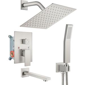 imagegotonovo Shower System with Tub Spout Wall Mounted Rain Shower Head and Handle Combo Shower Faucet Set with Valve 12 Inch Brushed NickelBrushed Nickel