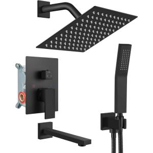 imagegotonovo Shower System with Tub Spout Wall Mounted Rain Shower Head and Handle Combo Shower Faucet Set with Valve 12 Inch Brushed NickelMatte Black