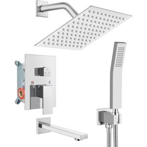 imagegotonovo Shower System with Tub Spout Wall Mounted Rain Shower Head and Handle Combo Shower Faucet Set with Valve 12 Inch Brushed NickelPolish Chrome
