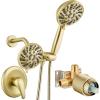 imagegotonovo Dual 2 in 1 Shower Head Kit High Pressure Combo System Shower Faucet 6 Modes ABS Handheld Spray Shower Trim Kit with Valve Shower Head and Handle Set Brushed GoldBrushed Gold