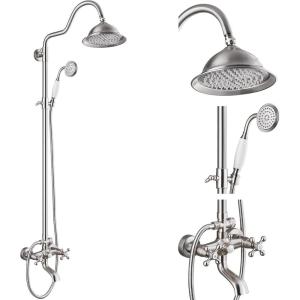 imagegotonovo Bathroom Exposed Shower Faucet Outside Shower Kit 8 Inch Rainfall Shower Head Set with Tub Spout and Handheld Spray Double Cross Handles Wall Mount Antique BrassBrushed Nickel