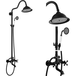 imagegotonovo Bathroom Exposed Shower Faucet Outside Shower Kit 8 Inch Rainfall Shower Head Set with Tub Spout and Handheld Spray Double Cross Handles Wall Mount Antique BrassMatte Black