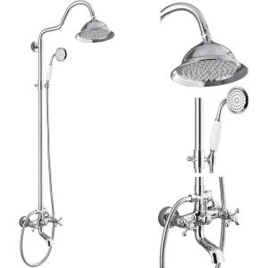 imagegotonovo Bathroom Exposed Shower Faucet Outside Shower Kit 8 Inch Rainfall Shower Head Set with Tub Spout and Handheld Spray Double Cross Handles Wall Mount Antique BrassPolished Chrome