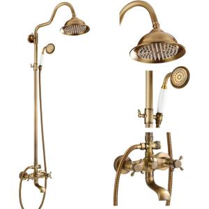 imagegotonovo Bathroom Exposed Shower Faucet Outside Shower Kit 8 Inch Rainfall Shower Head Set with Tub Spout and Handheld Spray Double Cross Handles Wall Mount Antique BrassAntique Brass