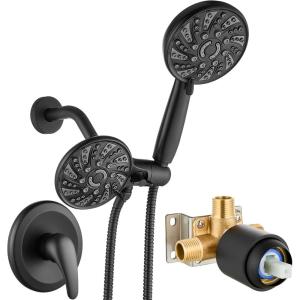 imagegotonovo Dual 2 in 1 Shower Head Kit High Pressure Combo System Shower Faucet 6 Modes ABS Handheld Spray Shower Trim Kit with Valve Shower Head and Handle Set Brushed GoldMatte Black