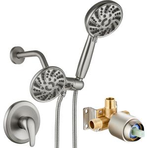 imagegotonovo Dual 2 in 1 Shower Head Kit High Pressure Combo System Shower Faucet 6 Modes ABS Handheld Spray Shower Trim Kit with Valve Shower Head and Handle Set Brushed GoldBrushed Nickel