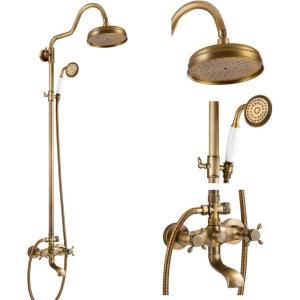 imagegotonovo Exposed Bathroom Shower System Vintage Shower Fixture 8 Inch Rainfall Shower Head Handheld Spray Tub Filler Brass Pipe 3Function Wall Mount Double Cross Knobs Antique BrassAntique Brass