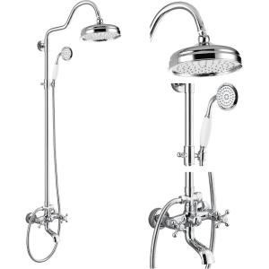 imagegotonovo Exposed Bathroom Shower System Vintage Shower Fixture 8 Inch Rainfall Shower Head Handheld Spray Tub Filler Brass Pipe 3Function Wall Mount Double Cross Knobs Antique BrassPolished Chrome