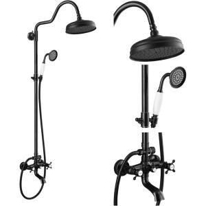 imagegotonovo Exposed Bathroom Shower System Vintage Shower Fixture 8 Inch Rainfall Shower Head Handheld Spray Tub Filler Brass Pipe 3Function Wall Mount Double Cross Knobs Antique BrassOil Rubbed Bronze