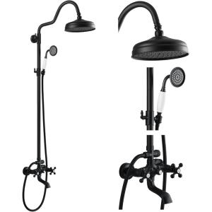 imagegotonovo Exposed Bathroom Shower System Vintage Shower Fixture 8 Inch Rainfall Shower Head Handheld Spray Tub Filler Brass Pipe 3Function Wall Mount Double Cross Knobs Antique BrassMatte Black