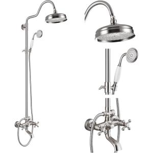 imagegotonovo Exposed Bathroom Shower System Vintage Shower Fixture 8 Inch Rainfall Shower Head Handheld Spray Tub Filler Brass Pipe 3Function Wall Mount Double Cross Knobs Antique BrassBrushed Nickel