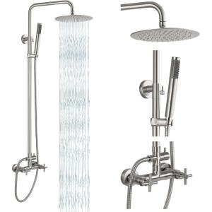 imagegotonovo Outdoor Shower Fixtures SUS304 Stainless Steel Rain Shower Kit Faucet High Pressure Wall Mount 2 Dual Function 8 Inch Showerhead and Handheld Spray Combo Single Handle Brushed GoldBrushed Nickel