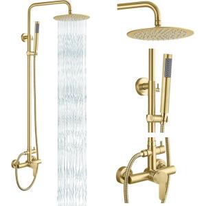 imagegotonovo Outdoor Shower Fixtures SUS304 Stainless Steel Rain Shower Kit Faucet High Pressure Wall Mount 2 Dual Function 8 Inch Showerhead and Handheld Spray Combo Single Handle Brushed GoldBrushed Gold