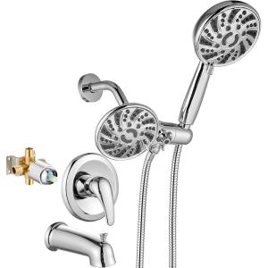 imagegotonovo Tub Shower Faucet Set Bathroom Shower Head Kit High Pressure Bathtub Shower Faucet 6 Modes ABS Handheld Spray Valve and Shower Trim Kit Shower Head and Handle Set Brushed NickelPolished Chrome