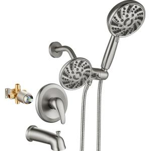 imagegotonovo Tub Shower Faucet Set Bathroom Shower Head Kit High Pressure Bathtub Shower Faucet 6 Modes ABS Handheld Spray Valve and Shower Trim Kit Shower Head and Handle Set Brushed NickelBrushed Nickel