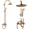 imagegotonovo Exposed Bathroom Shower Faucet Wall Mounted Shower System 8 Inch Shower Head and Tub Spout Double Cross Handles Adjustable Handheld Sprayer Curved Pipe Brushed NickelAntique Brass