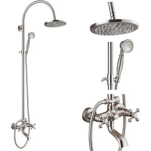 imagegotonovo Exposed Bathroom Shower Faucet Wall Mounted Shower System 8 Inch Shower Head and Tub Spout Double Cross Handles Adjustable Handheld Sprayer Curved Pipe Antique BrassBrushed Nickel