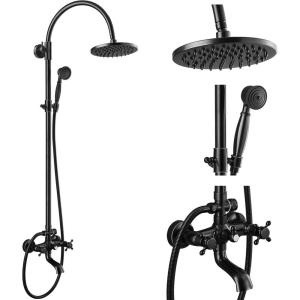 imagegotonovo Exposed Bathroom Shower Faucet Wall Mounted Shower System 8 Inch Shower Head and Tub Spout Double Cross Handles Adjustable Handheld Sprayer Curved Pipe Brushed NickelOil Rubbed Bronze