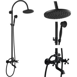 imagegotonovo Exposed Bathroom Shower Faucet Wall Mounted Shower System 8 Inch Shower Head and Tub Spout Double Cross Handles Adjustable Handheld Sprayer Curved Pipe Antique BrassMatte Black