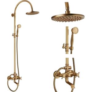 imagegotonovo Exposed Bathroom Shower Faucet Wall Mounted Shower System 8 Inch Shower Head and Tub Spout Double Cross Handles Adjustable Handheld Sprayer Curved Pipe Antique BrassAntique Brass