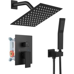 imagegotonovo Rainfall Bathroom Shower System Rain Shower Head and Handle Set Wall Mounted Shower Complete Combo Solid Brass Pressure Balancing Shower Mixer Valve 16 Inch Brushed GoldMatte Black