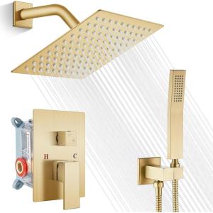 imagegotonovo Rainfall Bathroom Shower System Rain Shower Head and Handle Set Wall Mounted Shower Complete Combo Solid Brass Pressure Balancing Shower Mixer Valve 16 Inch Brushed GoldBrushed Gold