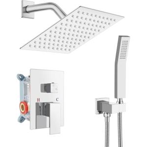 imagegotonovo Rainfall Bathroom Shower System Rain Shower Head and Handle Set Wall Mounted Shower Complete Combo Solid Brass Pressure Balancing Shower Mixer Valve 16 Inch Brushed GoldPolished Chrome