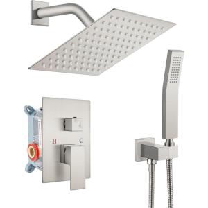 imagegotonovo Rainfall Bathroom Shower System Rain Shower Head and Handle Set Wall Mounted Shower Complete Combo Solid Brass Pressure Balancing Shower Mixer Valve 16 Inch Brushed GoldBrushed Nickel