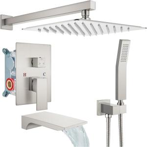 image:imagegotonovo Shower System with Tub SpoutWaterfall Tub Shower Faucet Set for Bathroom Head and Handle Set Wall Mounted 3 Function Roughin Valve and Trim Included 12 inch Shower Head Oil Rubbed BronzeBrushed Nickel