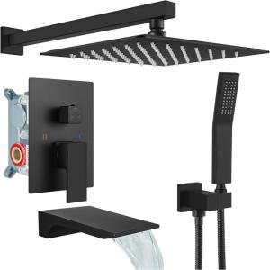 image:imagegotonovo Shower System with Tub SpoutWaterfall Tub Shower Faucet Set for Bathroom Head and Handle Set Wall Mounted 3 Function Roughin Valve and Trim Included 12 inch Shower Head Oil Rubbed BronzeMatte Black