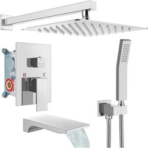 image:imagegotonovo Shower System with Tub SpoutWaterfall Tub Shower Faucet Set for Bathroom Head and Handle Set Wall Mounted 3 Function Roughin Valve and Trim Included 12 inch Shower Head Oil Rubbed BronzePolished Chrome